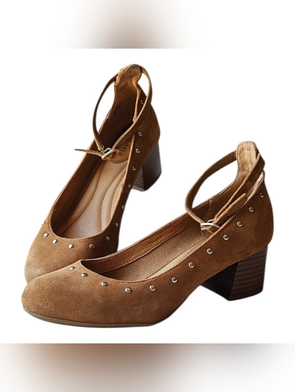 Montana Artisan Leather Studded Mary Jane Heels Camel Suede Size 6 Boho